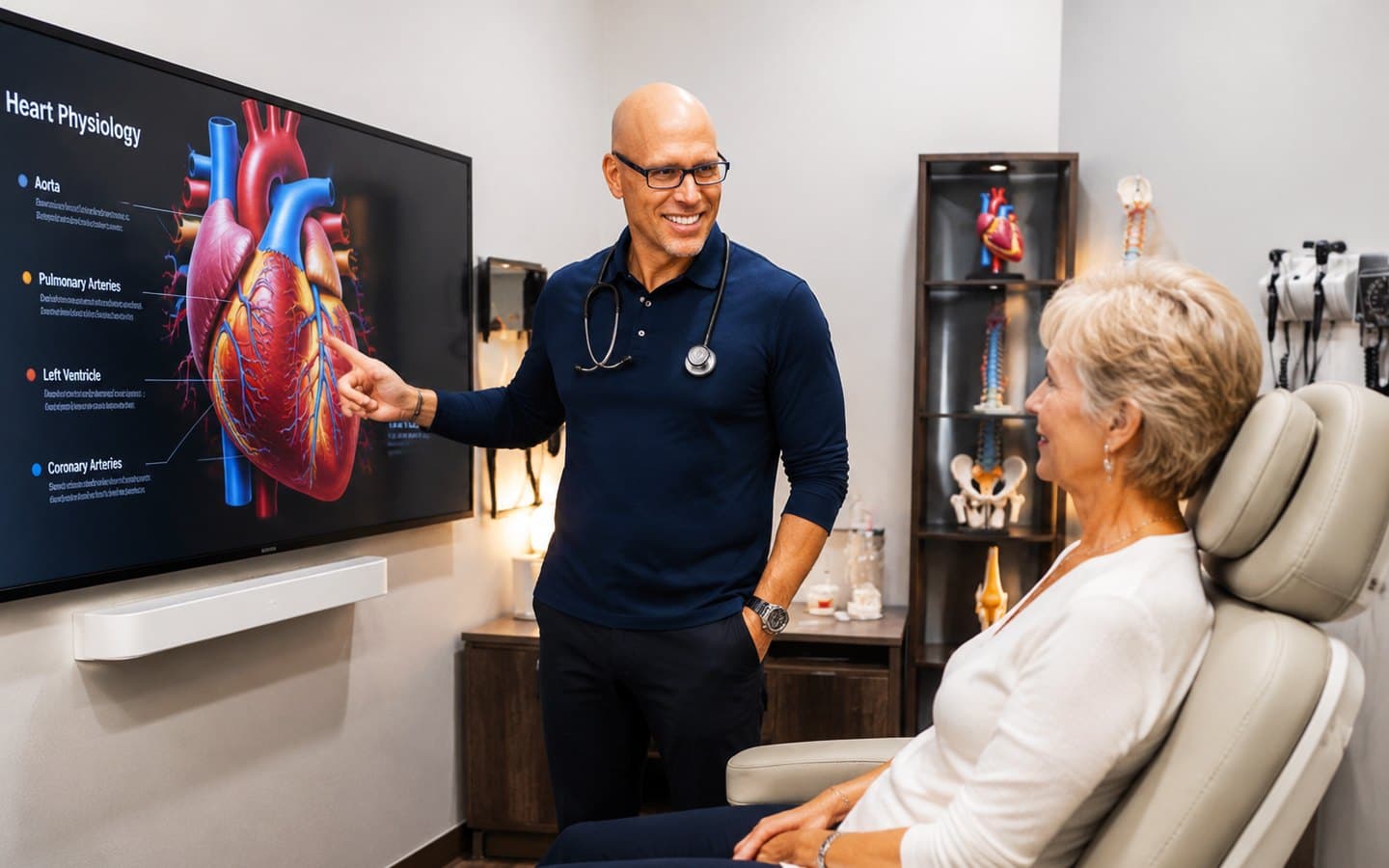 Dr. Andrew Hemmen explaining heart anatomy to a patient on a large exam-room display at Body1MD