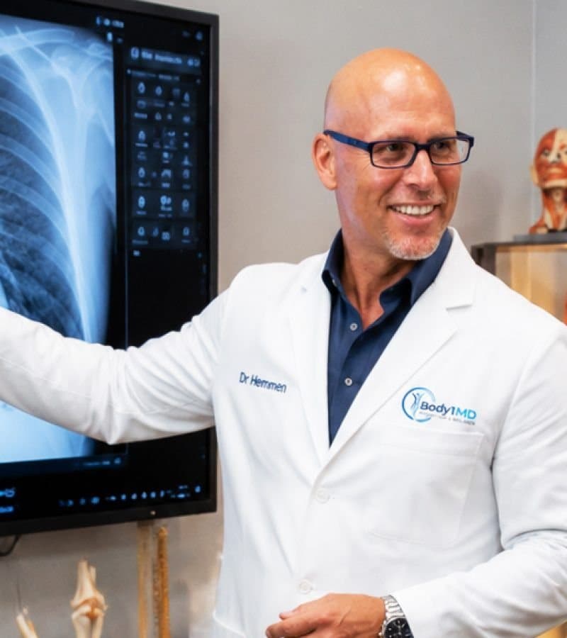 Dr. Hemmen pointing to a chest X-ray on a large exam-room display