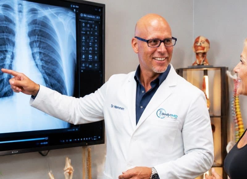 Dr. Andrew Hemmen reviewing imaging with a patient on a large display